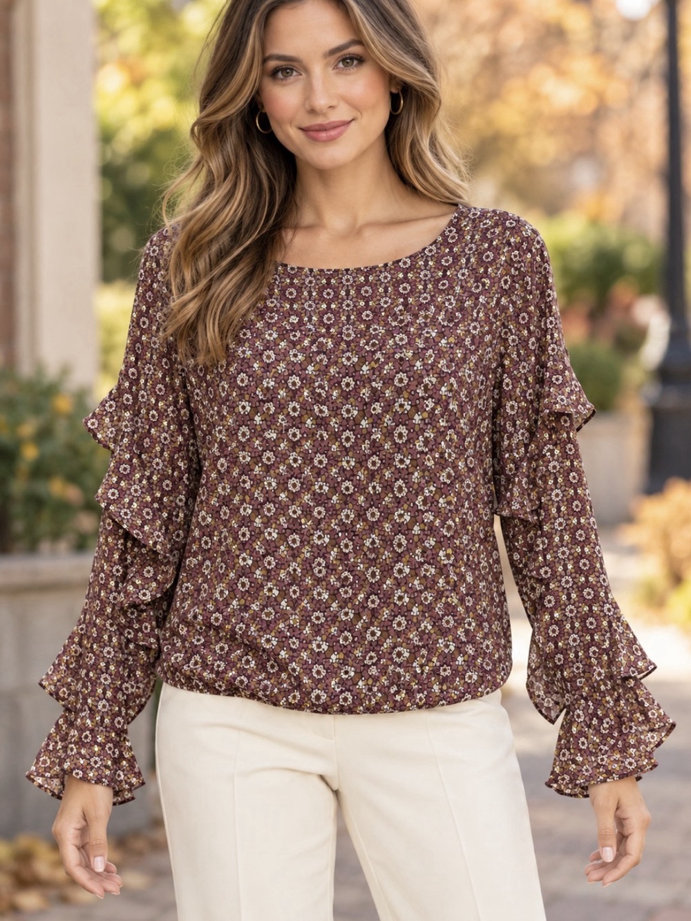 Max Studio Medallion Print Ruffle Sleeve Blouse size small